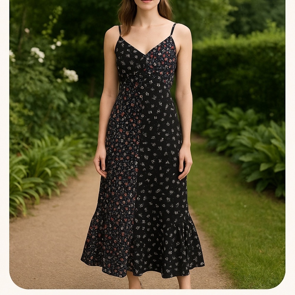 🌸 French Connection Floral Patchwork Midi Dress – Black – Size 4